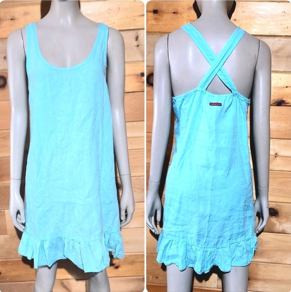 Hard Tail Forever Linen Sleeveless Dress Cross Strap Ruffle Hem Blue Women M